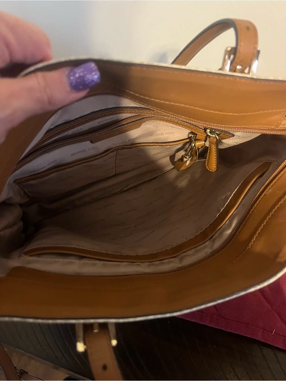 Michael Kors Cream Signature Tote with Tan Leather Trim
